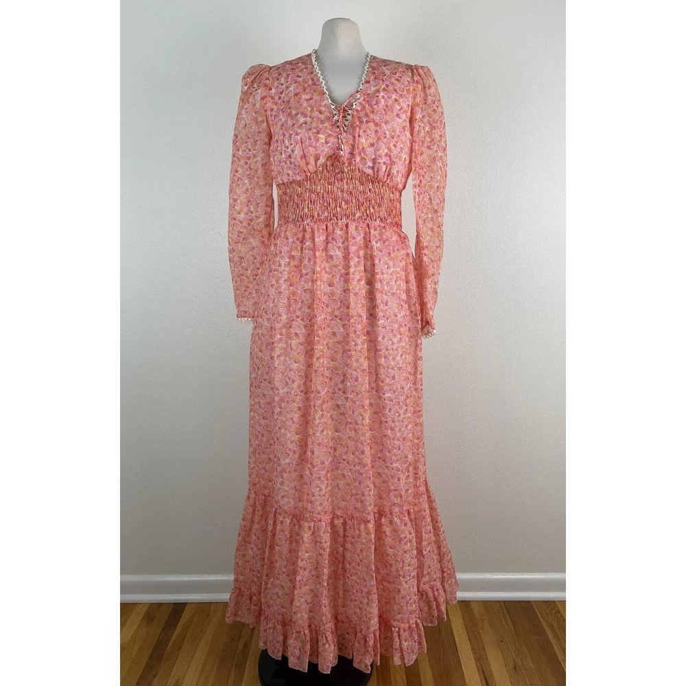Vintage Candi Jones 1970s Gunne Sax Prairie Dress Rouche Lace Pink Yellow